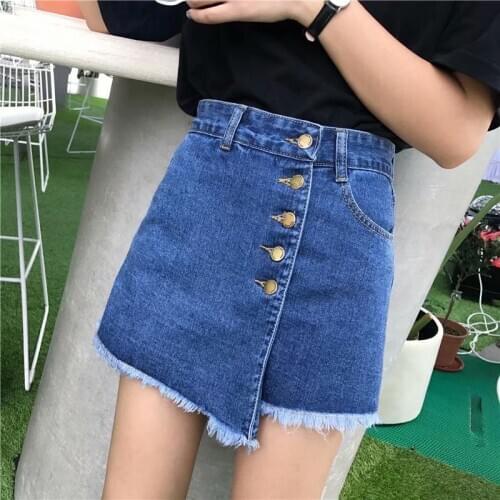 Denim shorts womens high waist summer 2020 new Korean irregular stitching split A-line wide girls denim leg skirt