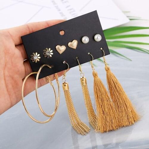6 Pairs Retro Boho Alloy CZ Flower Heart Ear Stud Cuff Earring Set for Women Long Chain Tassel Drop Hanging Dangling Earrings