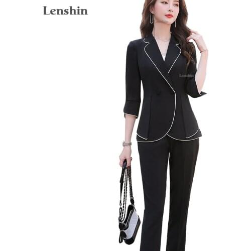 2 Pieces Set Pant Suit Three Quarter Binding Striped Blazer with Trouser Summer Wear Fashion Style Office Lady Women Work Wear