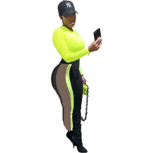 Women Neon Green Two Pieces Set Long Sleeve Crop Top Patchwork High Waist Pants Outfit Fitness 2 Pcs Suit Street Wear Tracksuit