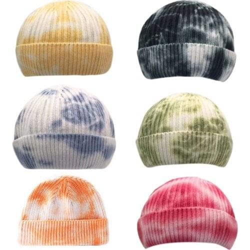 Unisex Winter Warm Ribbed Knit Beanie Cap Gradient Tie-Dye Hip Hop Skull Hat