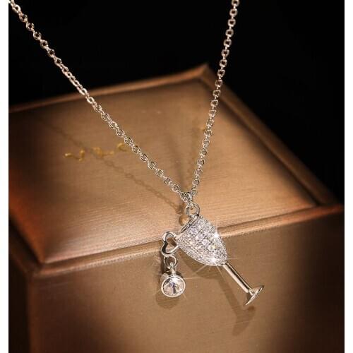 2021 Fashion Lady 925 Silver Necklace Shiny Zircon Exquisite Wine Glass Pendant Necklace for Cocktail Party Ladies Jewelry