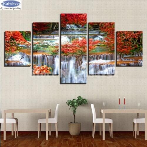 Full Square Drill 5D DIY Diamond Painting 5 Pieces Red Forest Tree Lake Natural Landscape 3D Embroidery Mosaic Home Decor A106