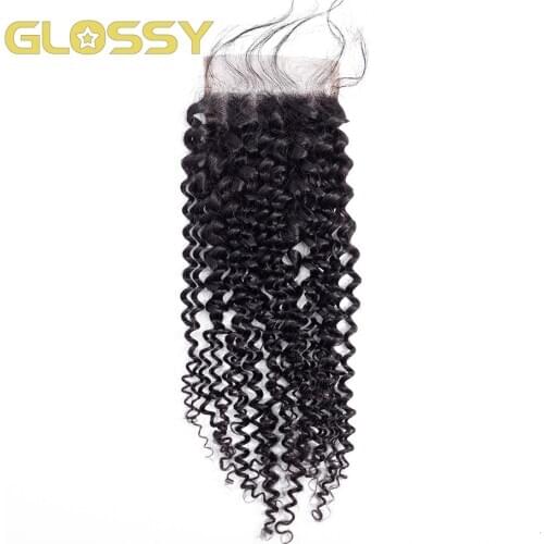 GLOSSY Afro Kinky Curly 4x4 Lace Closure Human Hair Transparent Swiss Lace Frontal Mongolian Remy Hair Pre Plucked Closure