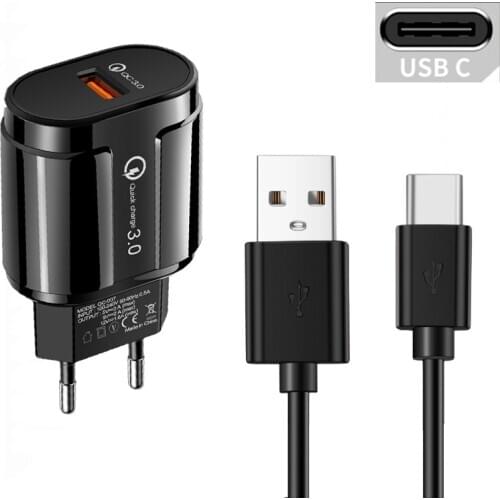 QC 3.0 Fast Wall Charger Adapter EU Plug Mobile Phone Charger For OPPO A52 A5 A9 2020 Reno 2 2Z 3 4 Pro Type-c USB Data Cable