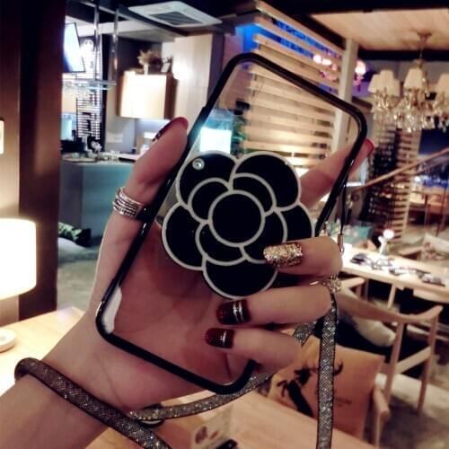 Fashion Beautiful Camellia Flower Mirror Case Cover With Crystal Neck Strap For iPhone 12 Mini 11 Pro XS Max XR X 8 7 6S Plus SE