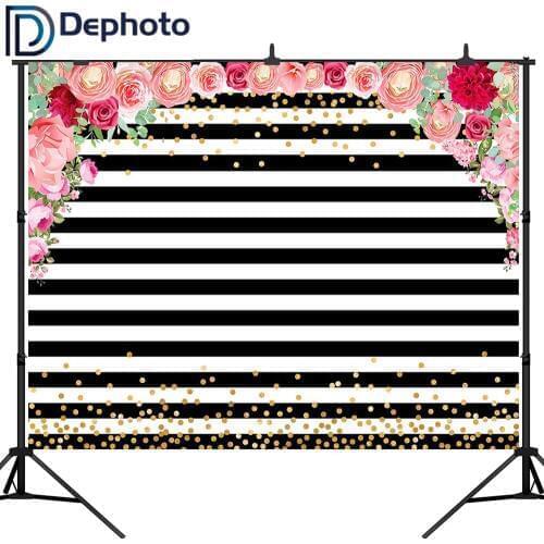 DePhoto Floral Black and White Stripe Birthday Party Wedding Decor Decorations Baby Shower Photography Backdrop Background