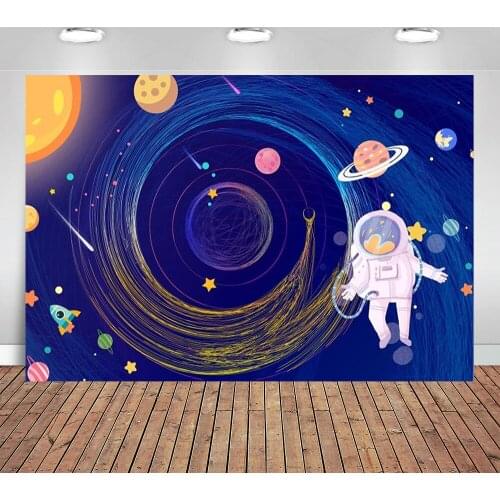 Cartoon Outer Space Backdrop Space Solar Planet Running Track Cute Astronaut Rocket Stars Dark Blue Photo Background Decorations