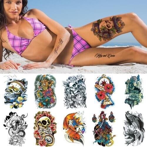 HB Half arm temporary tattoo sticker Flower koi fashion waterproof body art tattoos Dragon skull realistic cool fake tattoo