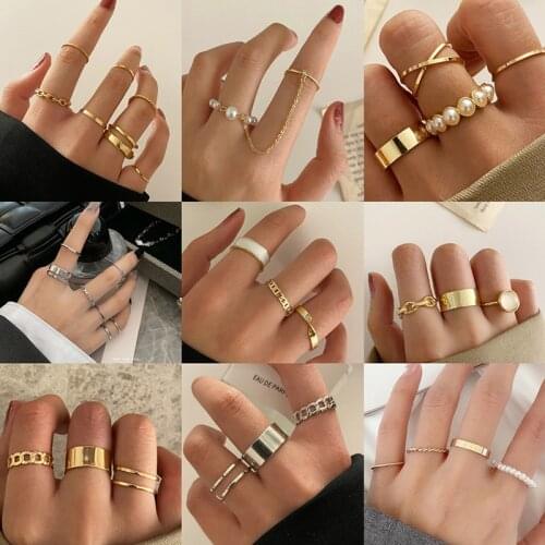 8pcs Punk Gold Wide Chain Rings Set For Women 2021 Girls Fashion Irregular Finger Thin Rings Gift Female Knuckle Jewelry Party