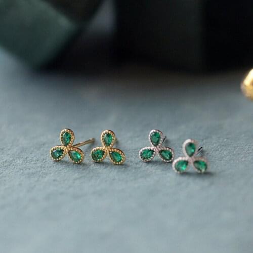 Cute Female Green Zircon Earrings Crystal 925 Sterling Silver Gold Earrings For Women Small Plant Stud Earrings