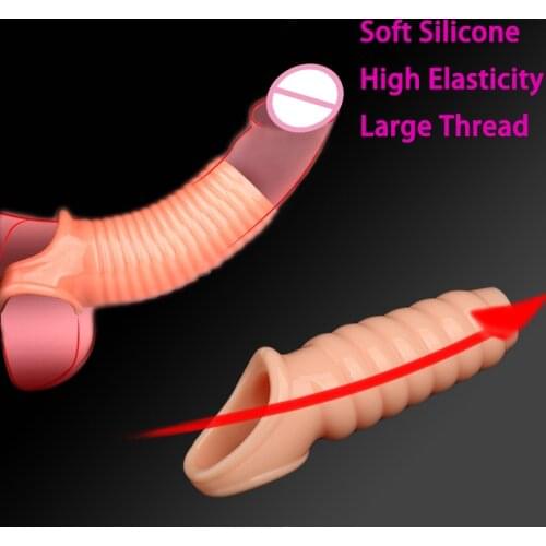 Reusable Penis Sleeve Penis Enlargement Sleeve Flexible Penis Enlarger Extender Delay Ejaculation Cock Ring Sex Toys For Men