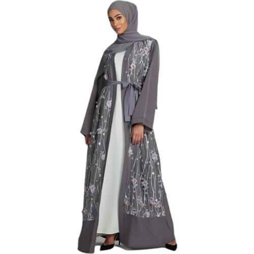 Muslim Lady Cardigan Robe Turkish embroidery three-dimensional Flower Robe Arabic Cardigan Dress Abaya Grey Cardigan Jilbab