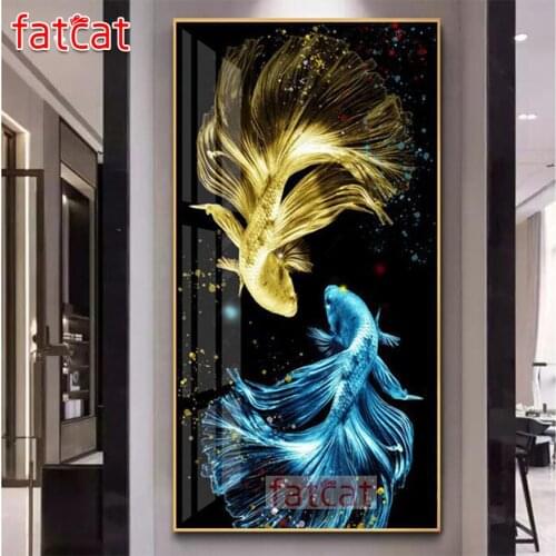 FATCAT Golden blue fish Large Diy Diamond Painting Full square round drill 5d Diamond Embroidery Kits wall Decoration AE2935