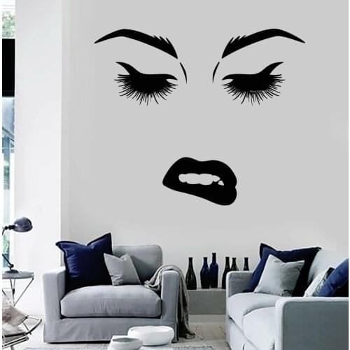 Woman Face Sexy Biting Lips Wall Stickers Curved eyebrows big eyes Eyelash Murals Decor Beauty salon wallpaper Girls Room DG030