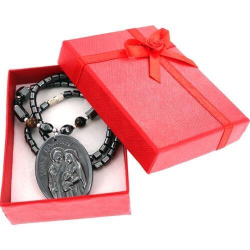 New Fashion Black Onyx Carved Holy Family Necklace with Gift Box Women Tigereye Beads Natural Stone Pendant Necklaces