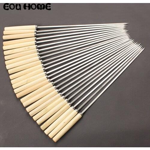 Useful Stainless Steel BBQ Tools Flat Barbecue Stick BBQ Roasting Needle with Wooden Handle Skewers Outdoor Camping BBQ Forks