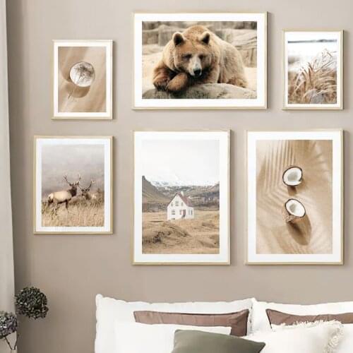 Deer Bear Coconut Tree Reed Beach Chalet Wall Art Canvas Painting Nordic Posters And Prints Wall Pictures For Living Room Decor