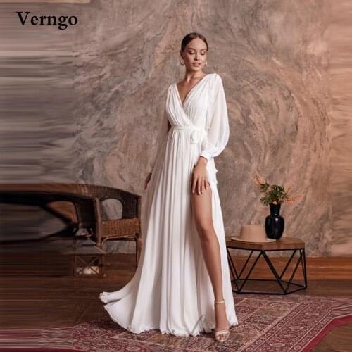 Verngo Simple Silk Chiffon A Line Beach Wedding Dress Long Sleeves V Neck Side Slit Formal Gowns Plus Size 2021 Bridal Dressses
