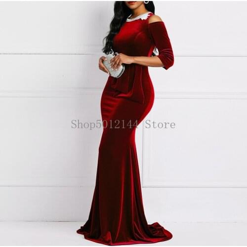 Retro Red Velvet Mermaid Long Dress Women Plus Size Dinner Evening Elegant Ladies Bodycon Peplum Ruffle Vintage Maxi Party Dress