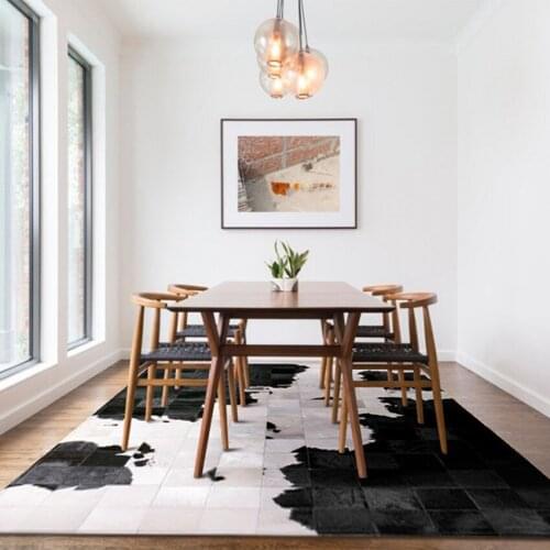 Luxury natural cowhide skin fur patchwork rug, black and white mixed living room carpet decorative dining room floor mat