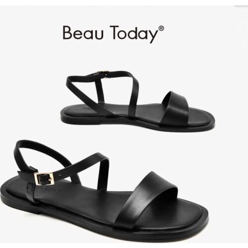 Gladiator Sandals Women Genuine Calfskin Leather Open Toe Lady Summer Buckle Strap Flat Shoes Female Handmade BeauToday 32182