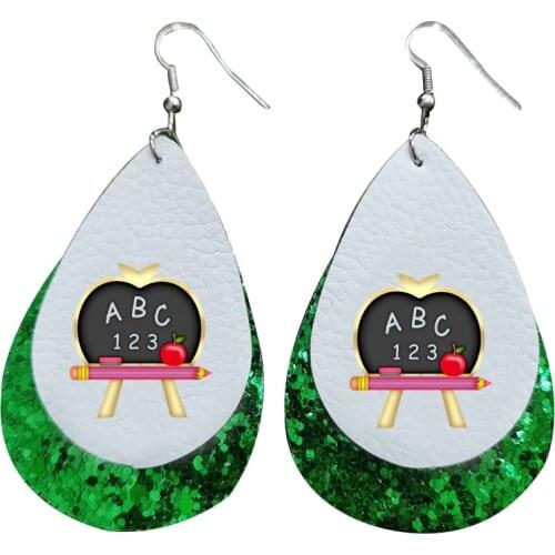 Back To School ABC Apple and Pencil Faux Leather Earrings For Teacher Heart Black and White Striped Teardrop2021 New Style