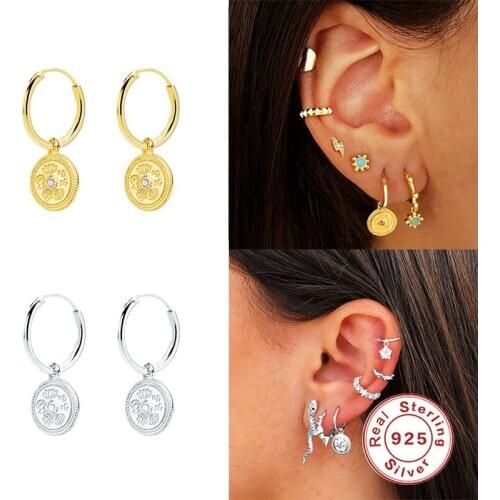 Aide 925 Sterling Silver Zircon Coin Plate Pendant Hoop Earrings For Women Retro Small Charm Earring Jewelry Brincos Oorbelle