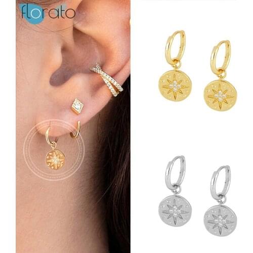 925 Silver Ear Buckle Circle Hanging Hoop Earrings for Women Minimalist Anise Star Gold Color Crystal Earrings Fashion Jewelry