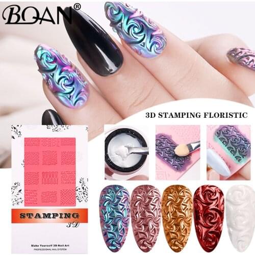 BQAN Silicone Nail Carving Mold 3D Relief Sculpture Stamping Stencils Soft Environmentally Nail Art Template Manicure