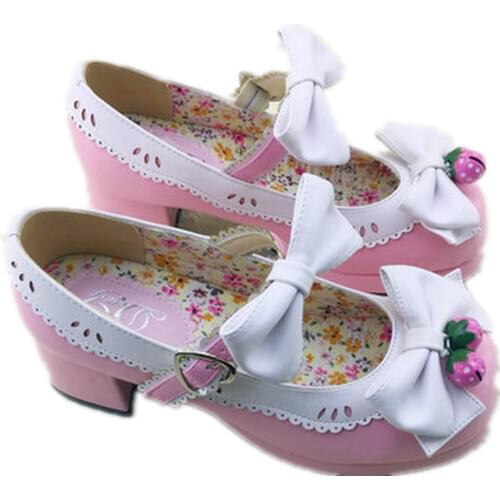 Cosplay Womens Lolita Bow Strawberry Bells Wedge Heel Pumps Belt Buckle Sweet Candy Colors Shoes Plus Size 9Colors