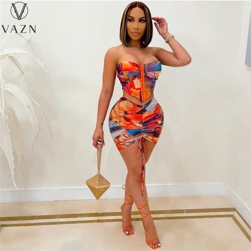 VAZN 2021 Floral Print Shinny Set High Street Tracksuit Top Short Pant Sexy Young High Waist Skinny Women 2 Piece Set