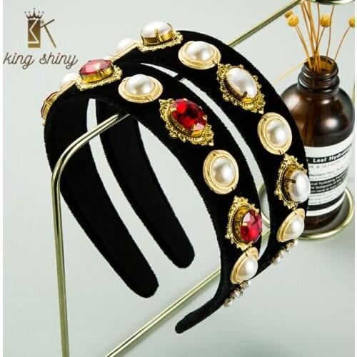 Vintage Baroque Colorful Crystal Headband for Woman Vintage Simulated Pearl Velvet Hairband Woman Party Hair Accessory Headwear