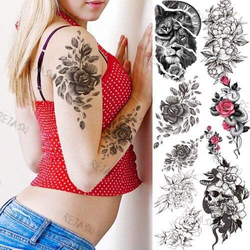 Black Rose Leaves Temporary Tattoos For Women Girl Peony Skull Realistic Fake Tattoo Lion Snake Hands Washable Tatoos Sticker