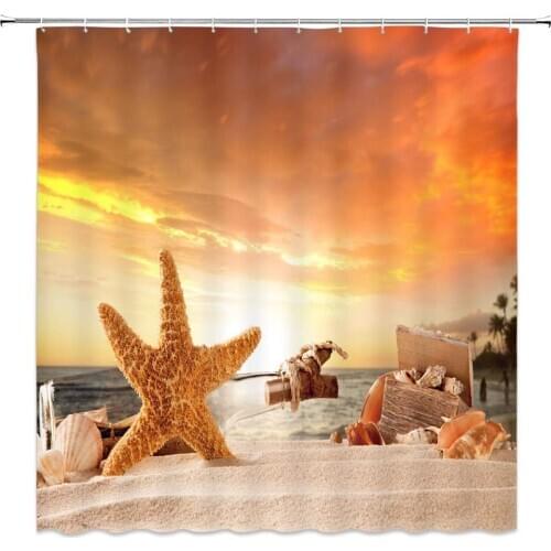 Beach Sea Landscape Shower Curtain Starfish Drifting Bottle Ocean Theme Bathroom Decor Home Supplies Waterproof Curtains Set