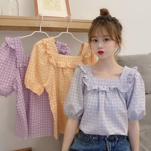 Women Summer Retro Plaid Blouse Korean Square Collar Puff-sleeve Lovely Ruffles Shirts Girls Top Stylish Ladies Loose Top L278