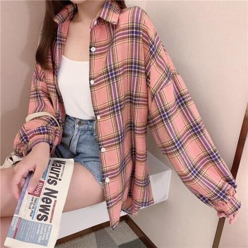 Autumn Vintage Plaid Button Up Shirts Women Lantern Sleeve Preppy Style Cardigan Top 2021 For girl Casual Oversize Streetwear