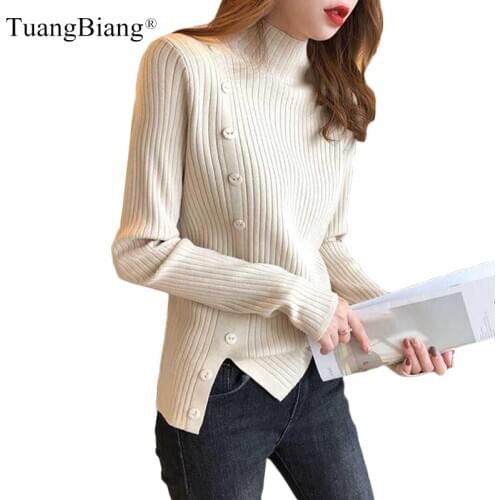 Autumn Winter Full sleeve Button Turtleneck Ladies Pullovers 2020 elastic Slim Ladies Jumpers Women Soft Wool Split hem sweaters