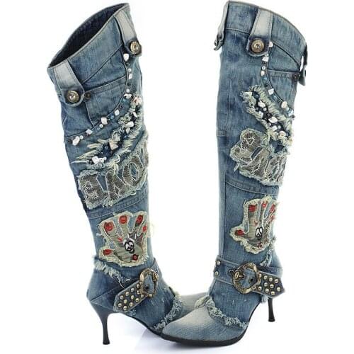 2020 New Female Denim Boots High Heel Knee High Boots Rivets Beading Winter Warm Jean Botas Mujer Rubber Boots Women