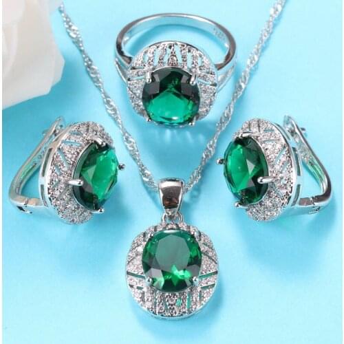 Silver 925 Wedding-Engagement Trendy Jewelry Sets For Women Costume Green Cubic Zirconia Ring Necklace And Earrings 3-Piece Sets