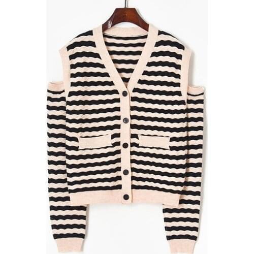 Women Sweater Cardigans Vintage Striped Knit Tops Sexy V-Neck Brand Design Sleeve Removeable Fashion Streetwear Korean Style ins