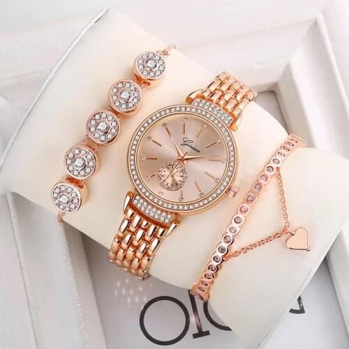 GINAVE Fashion 3pcs Set Women Watches Luxury Steel Band Rhinestone Watch Ladies Quartz WristWatch Bracelet Set Dress Reloj Mujer
