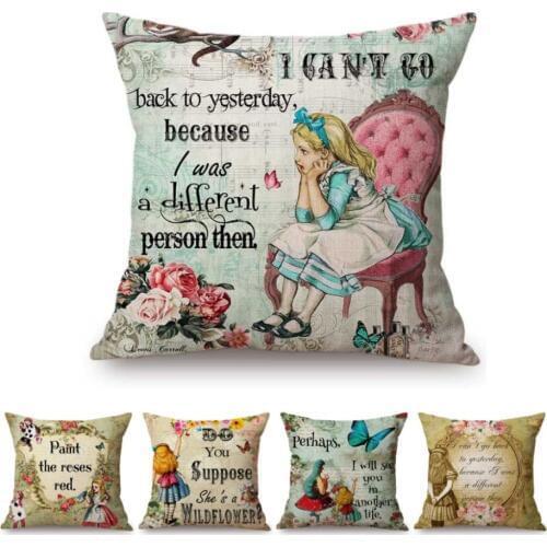 Cartoon Alice in Wonderland Printed Cushion Cover Vintage Letters Home Decorative Sofa Coffee Car Chair Throw Pillow Case