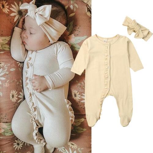 Newborn Kids Baby Girl Footies Cotton Soft Long Sleeve Playsuit Jumpsuit Pyjamas Sleepwear + Headband Clothes 0-12M