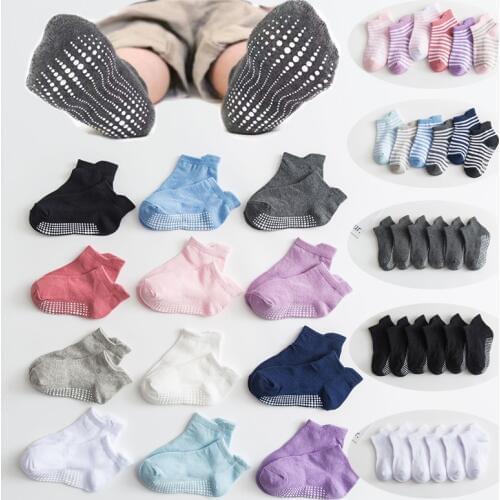6 Pairs/lot 0 to 6 Yrs Cotton Childrens Anti-slip Boat Socks Low Cut Floor Sock For Kid With Rubber Grips Four Season