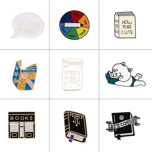 Game Turntable Book Pin Book Brooches Reading Cat Good Vibes Cup Badges Lapel Pins Funny Jewelry Book Pins Collection Student