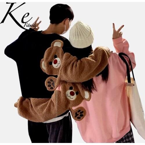 KE Autumn winter round neck long-sleeved girlfriends sweater, back shoulder cute bear lamb wool, embroidery loose couple sweater