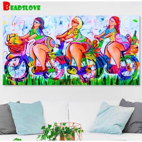 Netherlands Abstract Fat Ladies By Bike Diamond Embroidery Full Square Diamond Painting Mosaic Rhinestone Beaded Handmade B71