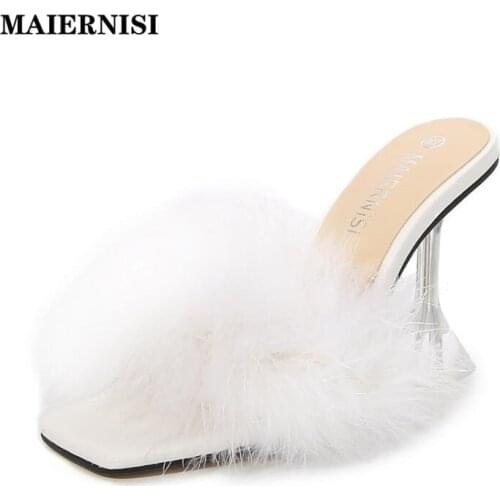 MAIERNISI Big Size 45 46 Woman Pumps PVC Transparent Feather Perspex Crystal High Heels Fur Mules Slippers Ladies Sandals Shoes