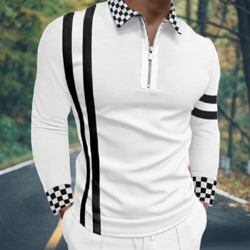 Fashion Patchwork Striped Polo Shirts Male Casual Zip-up Turn-down Collar Long Sleeve Tops Vintage Casual Mens Slim Polo Shirt